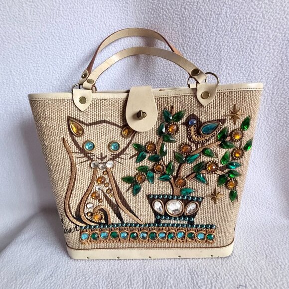 1960s Enid Collins Bejeweled Cat Purse Handbag Bird Watching - Picture 1 of 12